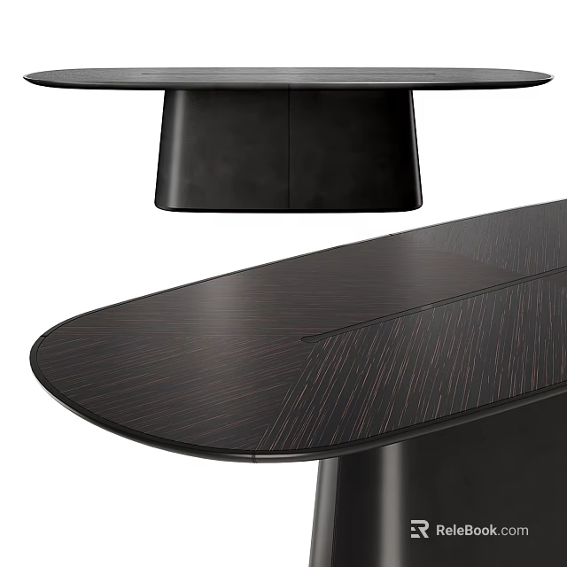 Elegant Black Dining Table with Round and Oval Wood Grain Tops and Sleek Base Design 3d model 