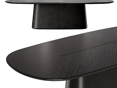 Elegant Black Dining Table with Round and Oval Wood Grain Tops and Sleek Base Design 3d model