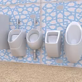 Various Modern Urinals Mounted on Blue Patterned Tile Wall in Bathroom
