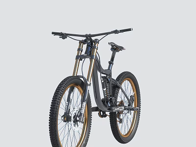 Mountain Bike with Suspension Thick Tires Black Frame and Gold Rims 3d model