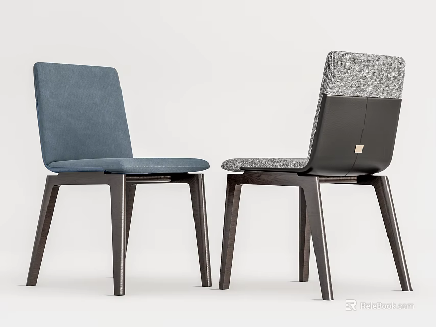Stylish Modern Two Dining Chairs With Blue And Gray Upholstered Seats And Black Wooden Legs 3d model 