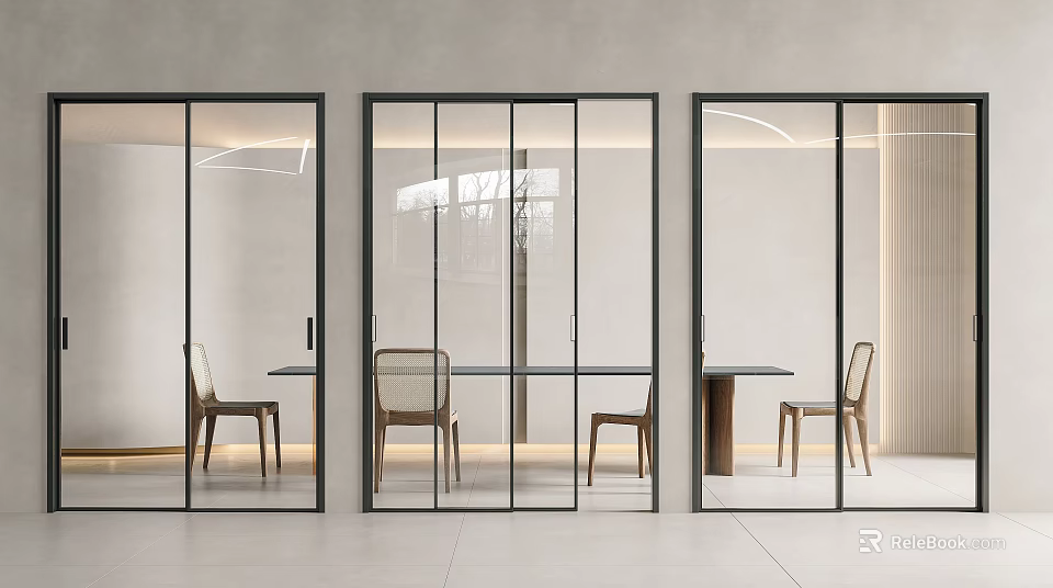 Sleek Modern Glass Sliding Doors With Black Frames In Dining Area With Table And Chairs 3d model 