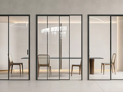 Sleek Modern Glass Sliding Doors With Black Frames In Dining Area With Table And Chairs 3d model