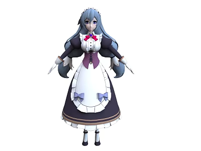 Woman in Black and White Maid Outfit with Long Blue Double Ponytails and Purple Bows 3d model