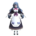 Woman in Black and White Maid Outfit with Long Blue Double Ponytails and Purple Bows
