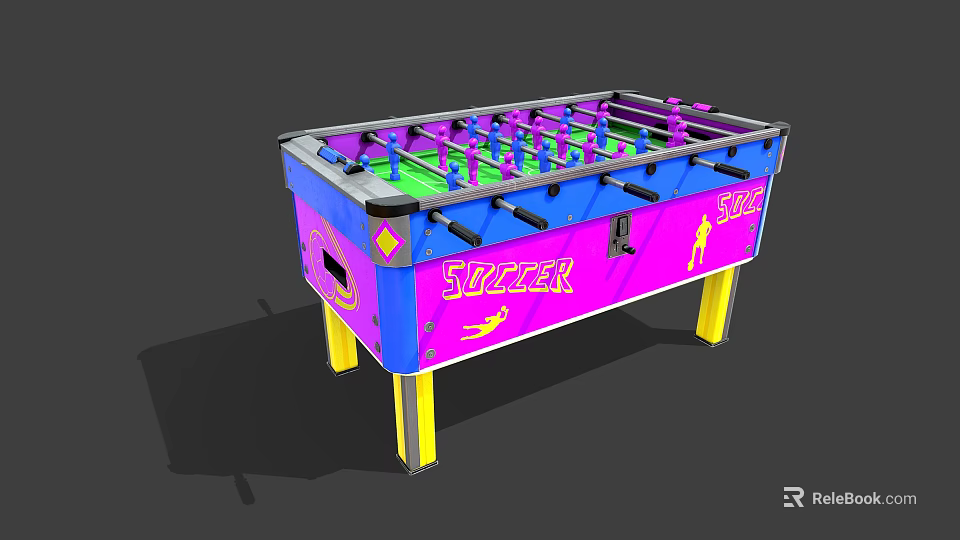 Sizzler Foosball Table With Blue Pink Design Green Tabletop And Yellow Legs 3d model 