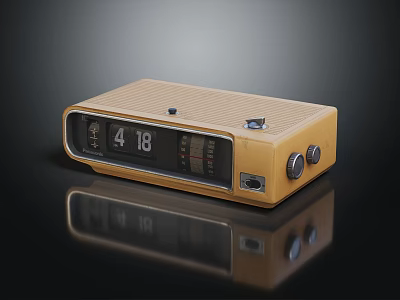 Yellow Alarm Clock With Digital Display Knobs And Buttons On Black Reflective Surface 3d model