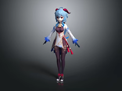 Detailed 3D Anime Fantasy Character With Blue Hair Red Horns Black Stockings And Red Shoes 3d model