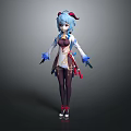 Detailed 3D Anime Fantasy Character With Blue Hair Red Horns Black Stockings And Red Shoes