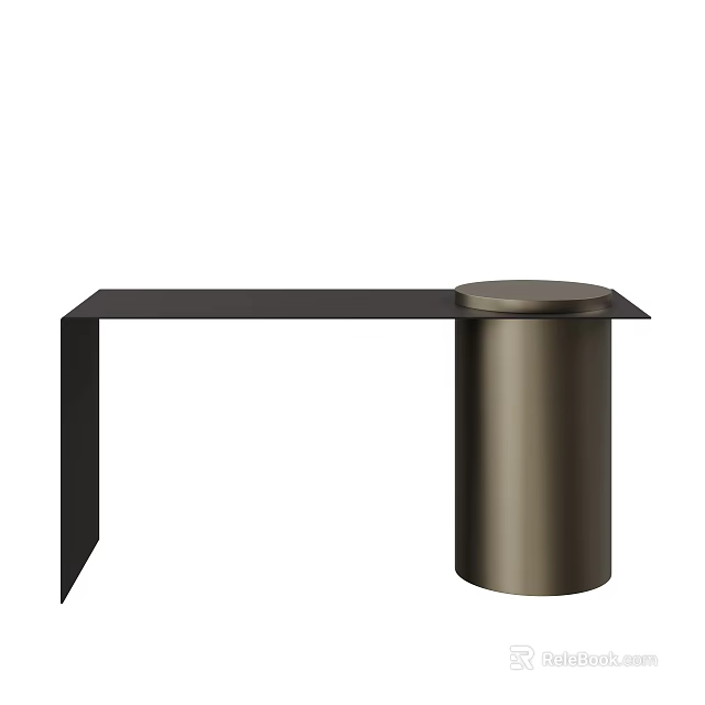 Modern Minimalist Dressing Table With Long Black Tabletop And Cylindrical Metal Base 3d model