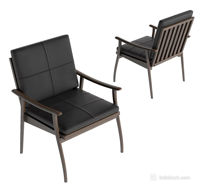 Modern Single Chair With Black Leather Upholstery Dark Wooden Frame And Armrests Elegant Design 3d model 