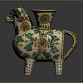 Ceramic Animal Vessel With Colorful Floral Patterns Green Yellow Accents Three Legs Red Rimmed Top