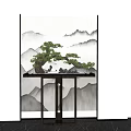 Pine Bonsai Tree On Wooden Table With Mountain Pattern Wall And Stone Ornaments 3d model