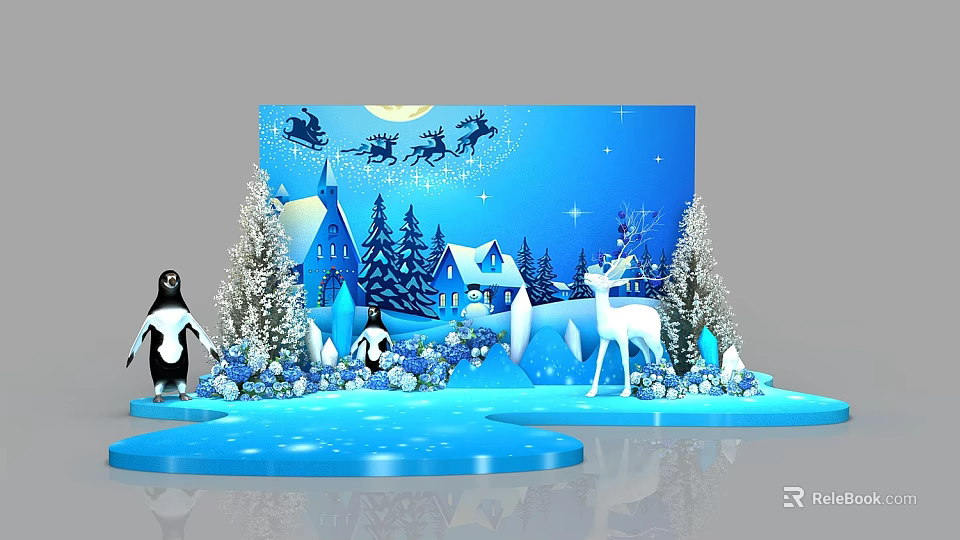 Festive Christmas Scene Decoration With Sleigh Reindeer Moon Stars Cottages Pines Penguins And Snow 3d model 
