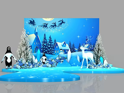 Festive Christmas Scene Decoration With Sleigh Reindeer Moon Stars Cottages Pines Penguins And Snow 3d model