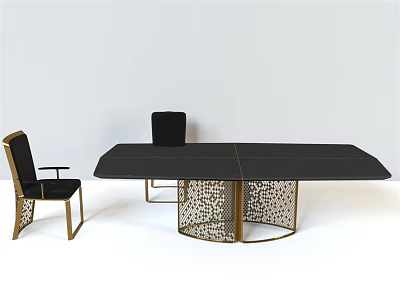 Elegant Modern Dining Table Set With Black Tabletop Gold Frame Chairs And Hollow Base 3d model