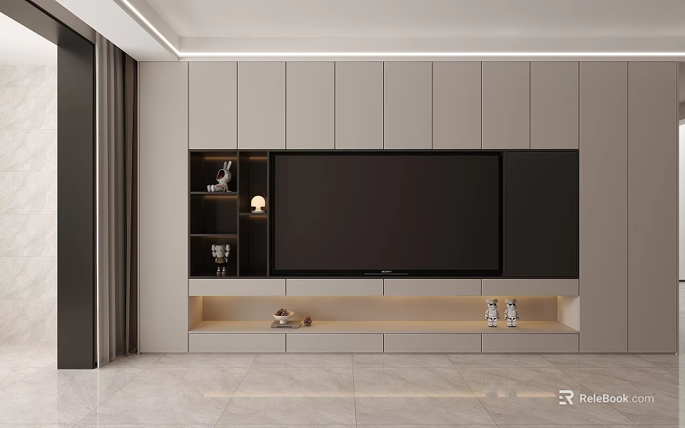 Modern TV Wall Unit With Storage Cabinets Open Shelves And Decorative Items 3d model 