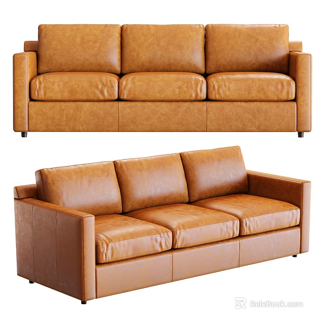Sleek Modern Brown Leather Three-Seater Sofa With Front And Side Views 3d model 