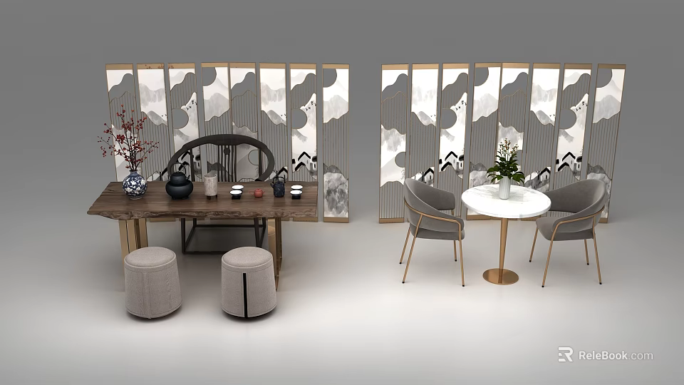 Traditional Tea Table And Chairs Set With Stools Wooden Surface And Decorative Screen Pattern 3d model