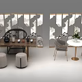 Traditional Tea Table And Chairs Set With Stools Wooden Surface And Decorative Screen Pattern 3d model