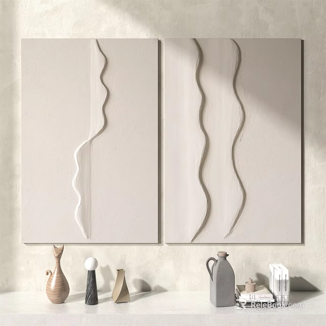 White Wavy Decorative Wall Art With Modern Decorative Vases Below 3d model