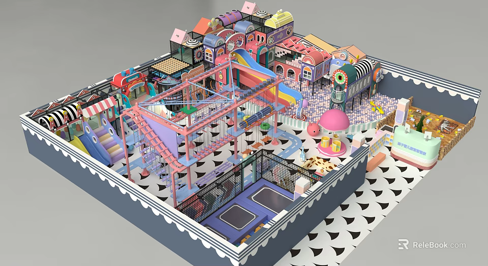 Colorful Indoor Playground Equipment With Slides Trampolines Climbing Frames And Ball Pit 3d model 