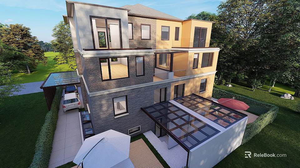 Modern Two Story Detached House Exterior With Large Windows Green Courtyard And Glass Roof 3d model 