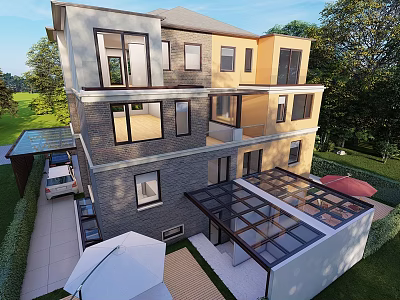 Modern Two Story Detached House Exterior With Large Windows Green Courtyard And Glass Roof 3d model