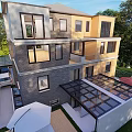 Modern Two Story Detached House Exterior With Large Windows Green Courtyard And Glass Roof