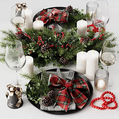 Festive Christmas Tea Set Arranged With Plaid Bows Pinecones Red Berries And Candles On Table 3d model