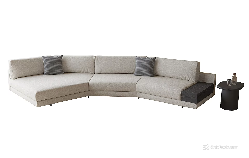 Light Beige L Shaped Multi Person Sofa With Gray Cushions And Small Round Side Table 3d model