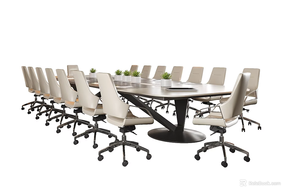 Modern Conference Table Setup With Ergonomic Office Chairs And Green Plants On Surface 3d model 