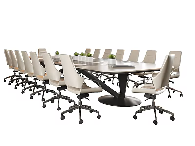 Modern Conference Table Setup With Ergonomic Office Chairs And Green Plants On Surface 3d model