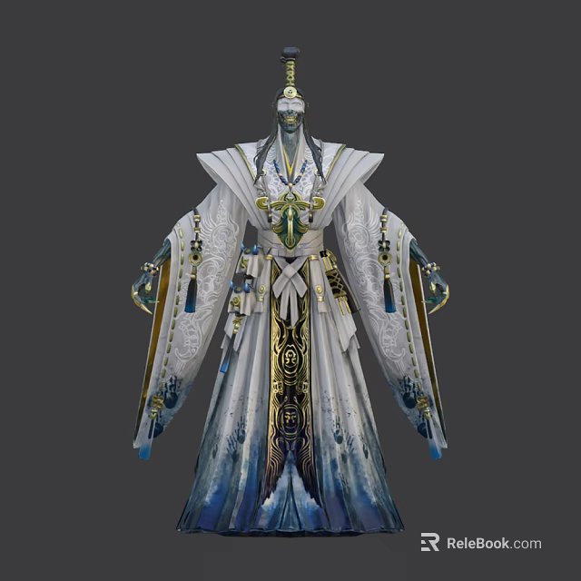 Game Movie Character In Gorgeous White Robe With Golden Blue Ornaments Intricate Patterns Floating Ribbons 3d model 