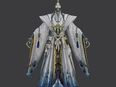 Game Movie Character In Gorgeous White Robe With Golden Blue Ornaments Intricate Patterns Floating Ribbons 3d model