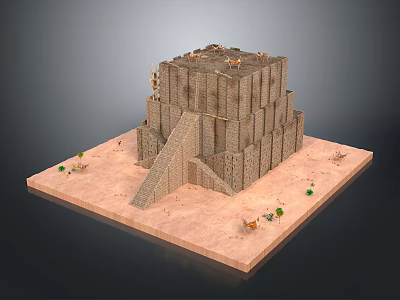 Ancient Ziggurat Landscape With Stepped Structure On Desert Sand Surrounded By Camels And Small Plants 3d model