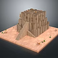 Ancient Ziggurat Landscape With Stepped Structure On Desert Sand Surrounded By Camels And Small Plants
