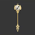 Golden Weapon Scepter With Circular Top Green Arrow Symbol And Ornate Bottom Design