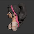 3D Female Character with Dark Hair Pink Headband Green Eyes White Shoulderless Top Dark Background