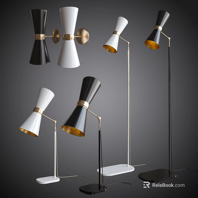 Modern Stylish Floor Lamp Combination With Black White Shades And Gold Accents 3d model 