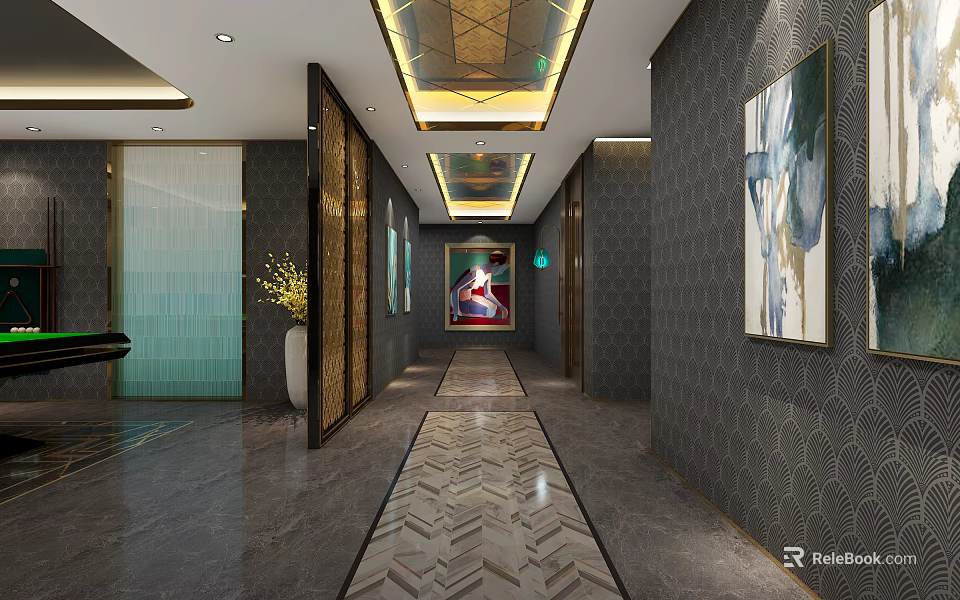 Modern Elevator Hallway With Geometric Pattern Flooring Decorative Ceiling And Wall Art 3d model