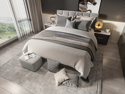 Double Bed In Modern Bedroom With Gray White Bedding Pillows Bedside Lamps And Scenic View 3d model