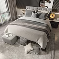Double Bed In Modern Bedroom With Gray White Bedding Pillows Bedside Lamps And Scenic View