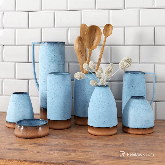 Blue And Brown Ceramic Kitchenware With Pitchers Cups Vases Wooden Spoons Against White Brick Wall 3d model 