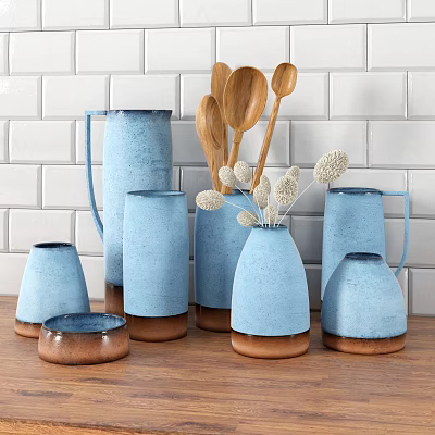 Blue And Brown Ceramic Kitchenware With Pitchers Cups Vases Wooden Spoons Against White Brick Wall 3d model