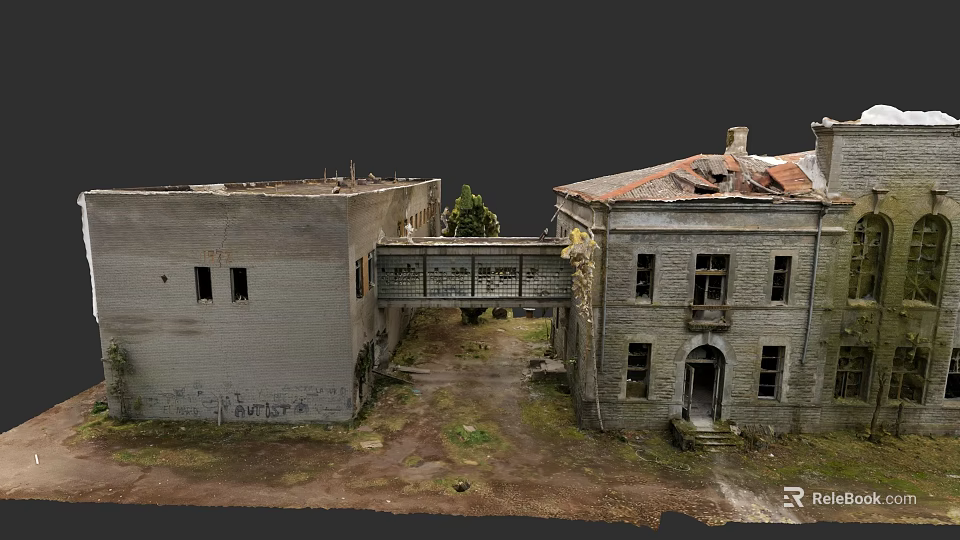 Urban Architectural Complex With Old Buildings Connecting Bridge Damaged Roofs Graffiti And Overgrown Grass 3d model 