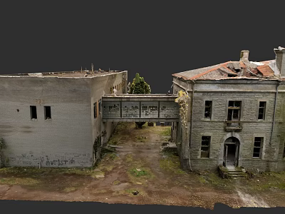 Urban Architectural Complex With Old Buildings Connecting Bridge Damaged Roofs Graffiti And Overgrown Grass 3d model