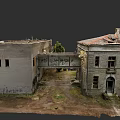 Urban Architectural Complex With Old Buildings Connecting Bridge Damaged Roofs Graffiti And Overgrown Grass