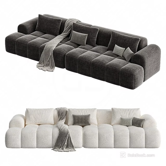 Modern Three Seater Sofa in Gray and White with Plush Pillows and Blanket 3d model 