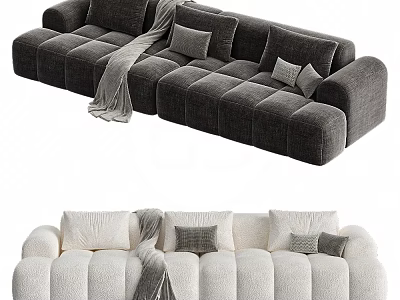 Modern Three Seater Sofa in Gray and White with Plush Pillows and Blanket 3d model
